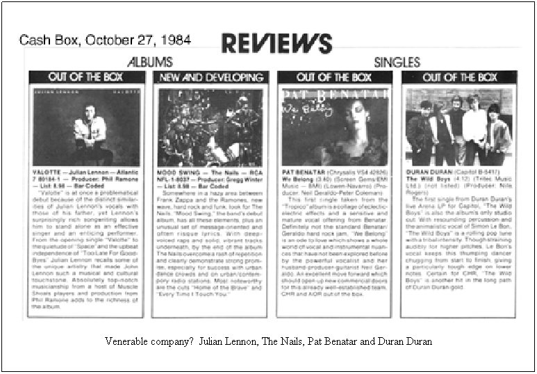 Text Box: Venerable company? Julian Lennon, The Nails, Pat Benatar and Duran Duran